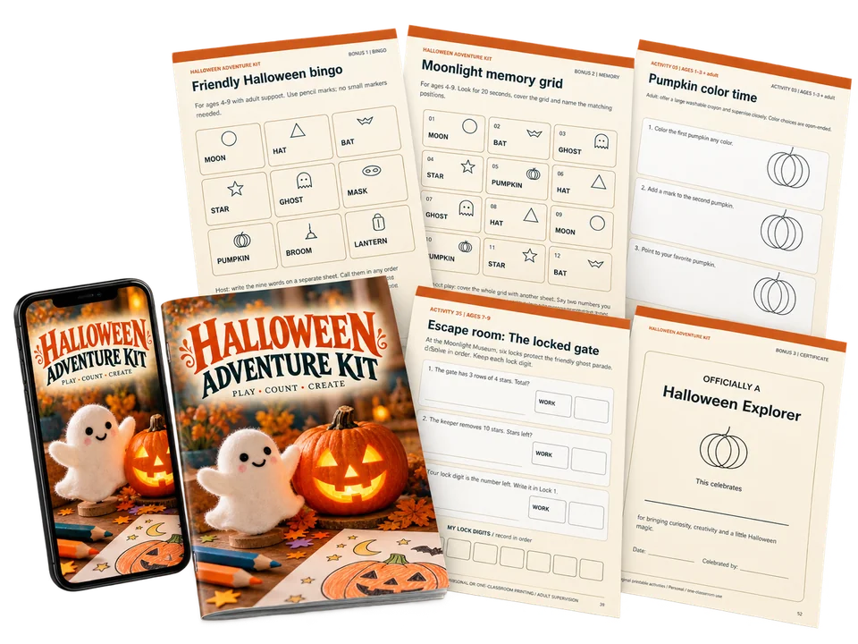 Halloween Adventure Kit booklet, phone and a selection of printable pages
