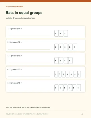 Bats in equal groups printable page