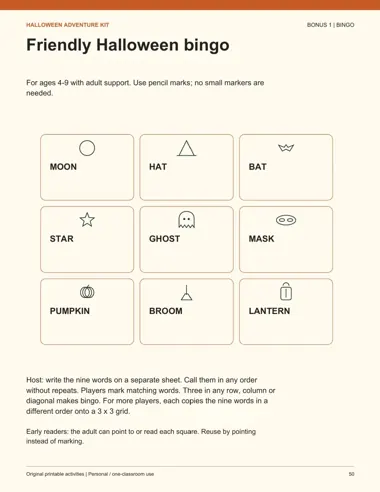 Halloween bingo printable page